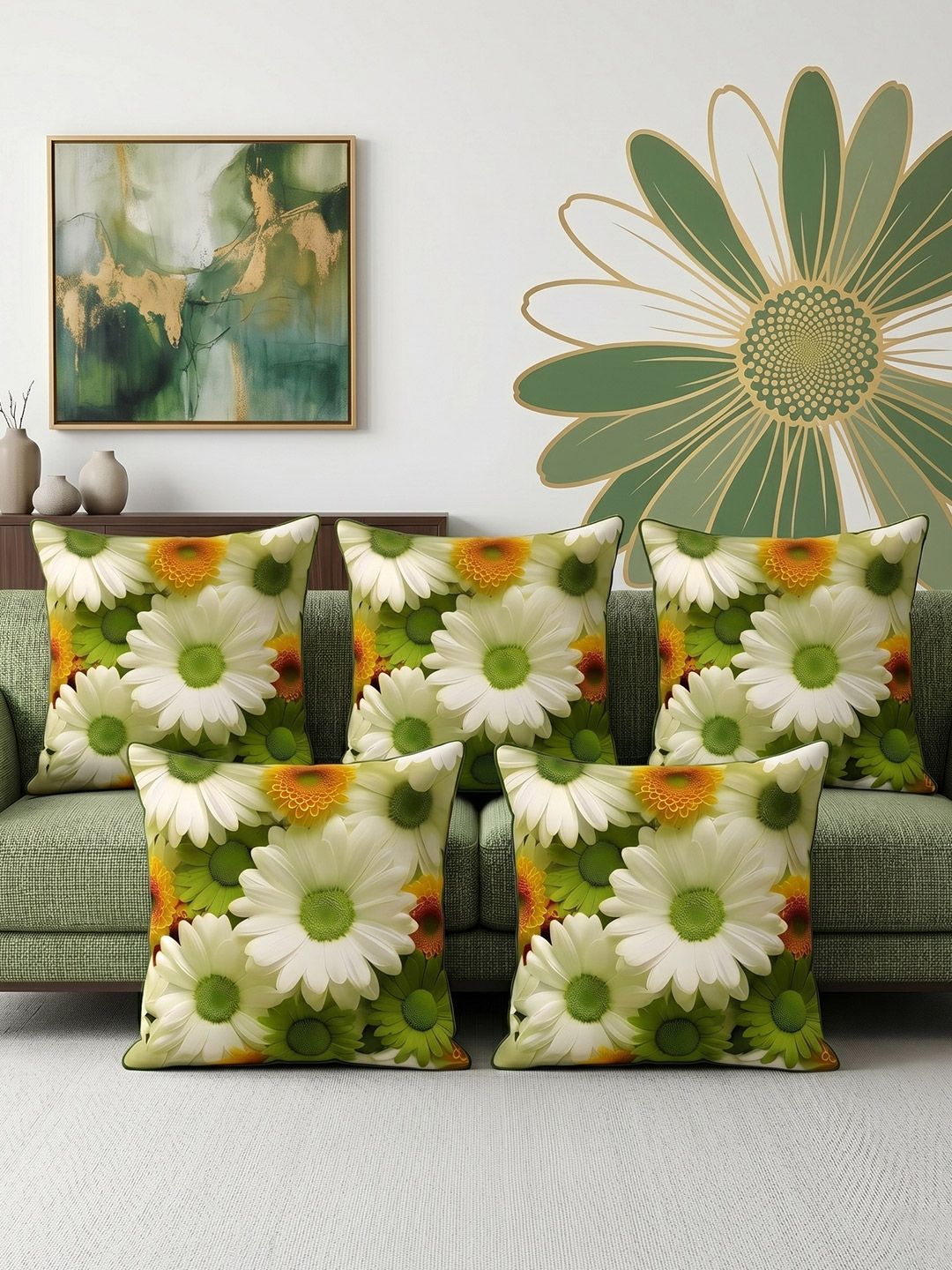 CHHAVI INDIA Green Set of 5 Floral Square Cushion Covers-image-44