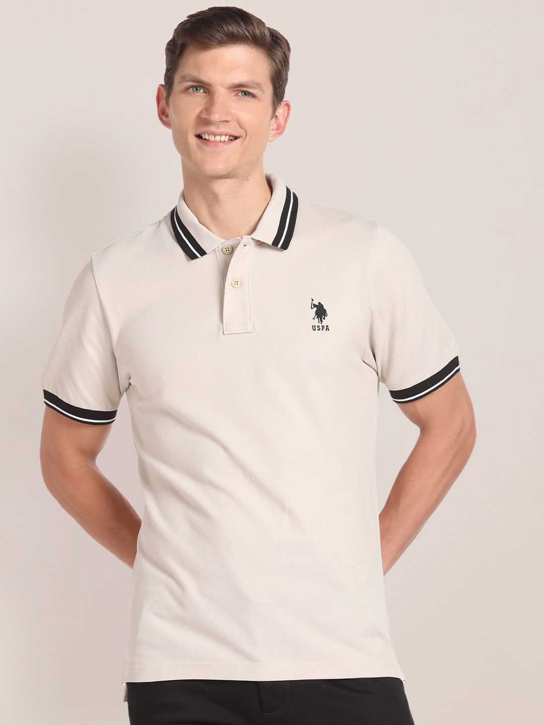 U S Polo Assn Men Beige Solid Polo Collar Pure Cotton T-shirt