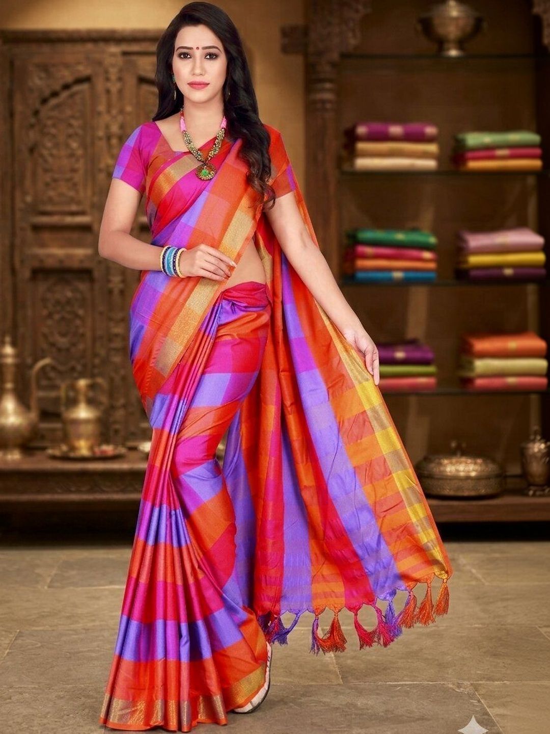 MENFLUENT Checked Silk Cotton Handloom Uppada Saree-picture-14