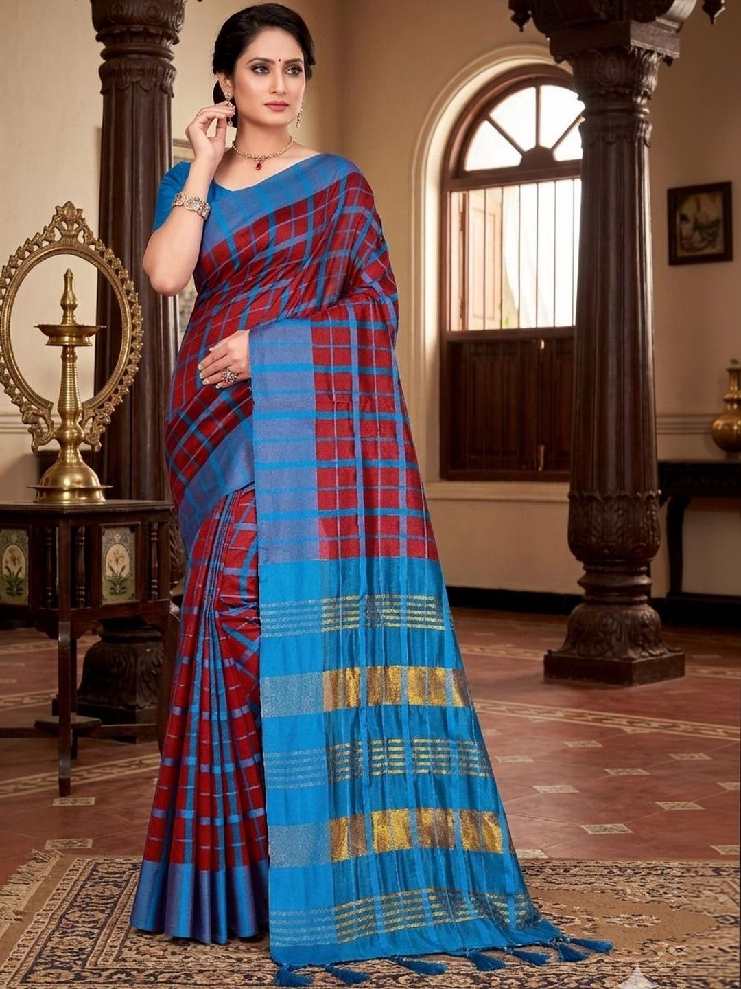MENFLUENT Checked Silk Cotton Handloom Uppada Saree-picture-34