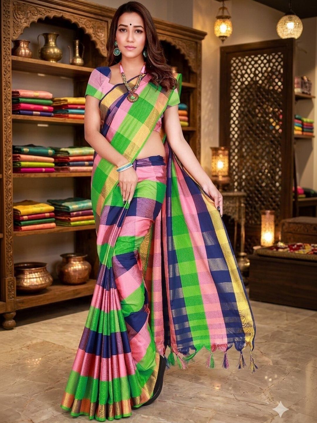 SHAIBO SAREE Checked Silk Cotton Uppada Saree-picture-19