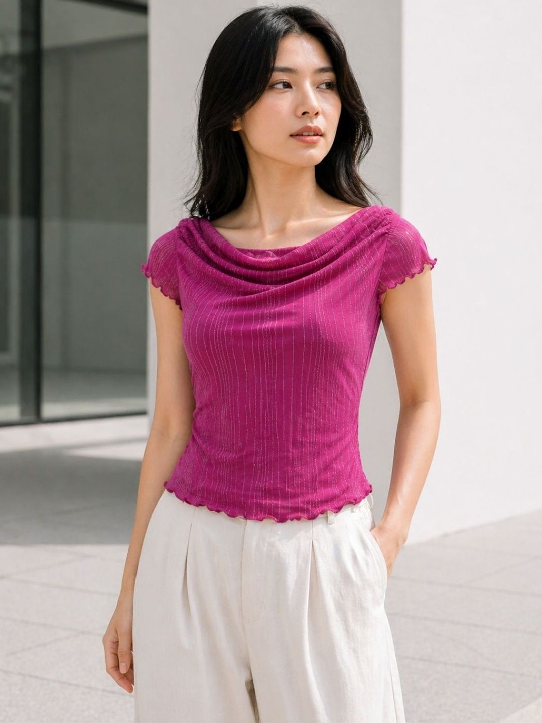 clobug Cowl Neck Flutter Sleeve Ruffles Net Top-picture-16
