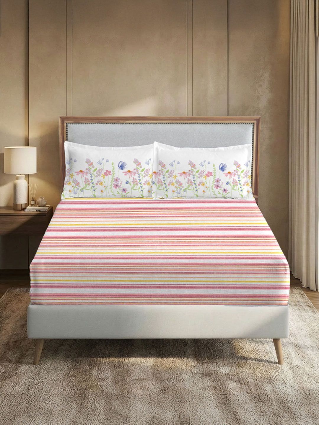 MYTRIDENT White Striped 210 TC King Bedsheet with 2 Pillow Covers-image-47