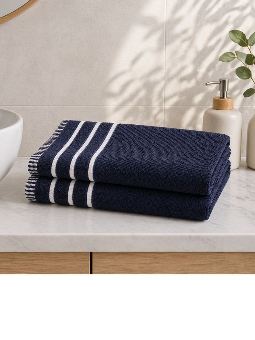 JANGID INDUSTRYS Navy Blue & White Striped Cotton 450 GSM 2-Pcs Hand Towels-picture-26