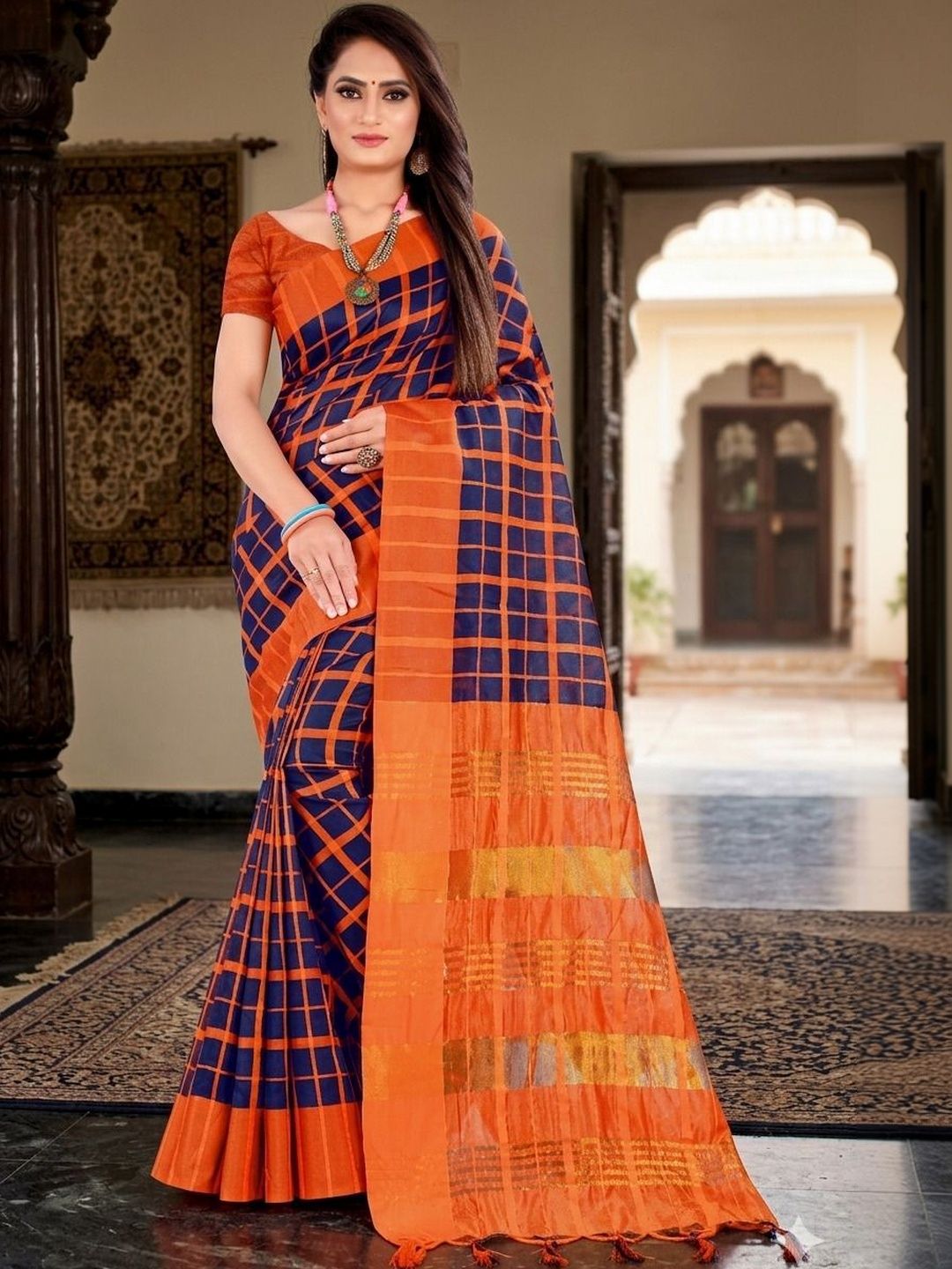SHAIBO SAREE Checked Silk Cotton Uppada Saree-picture-40