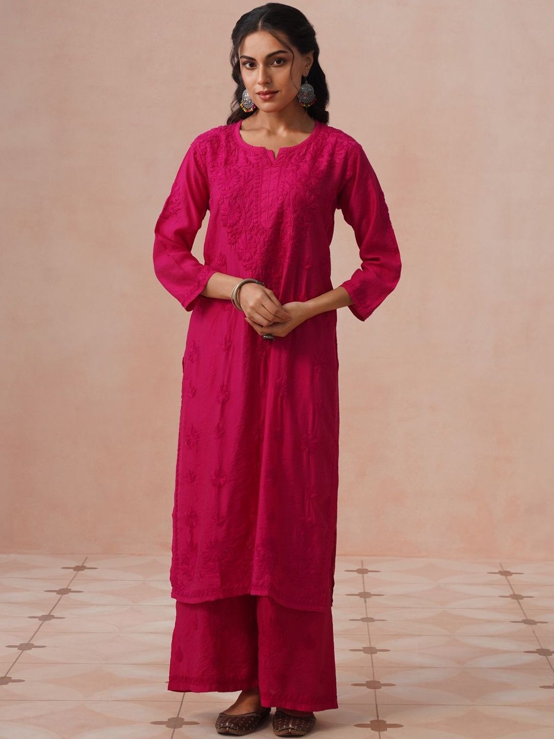 House of Chikankari Women Regular Chikankari Chanderi Cotton Kurta with Trousers-picture-24