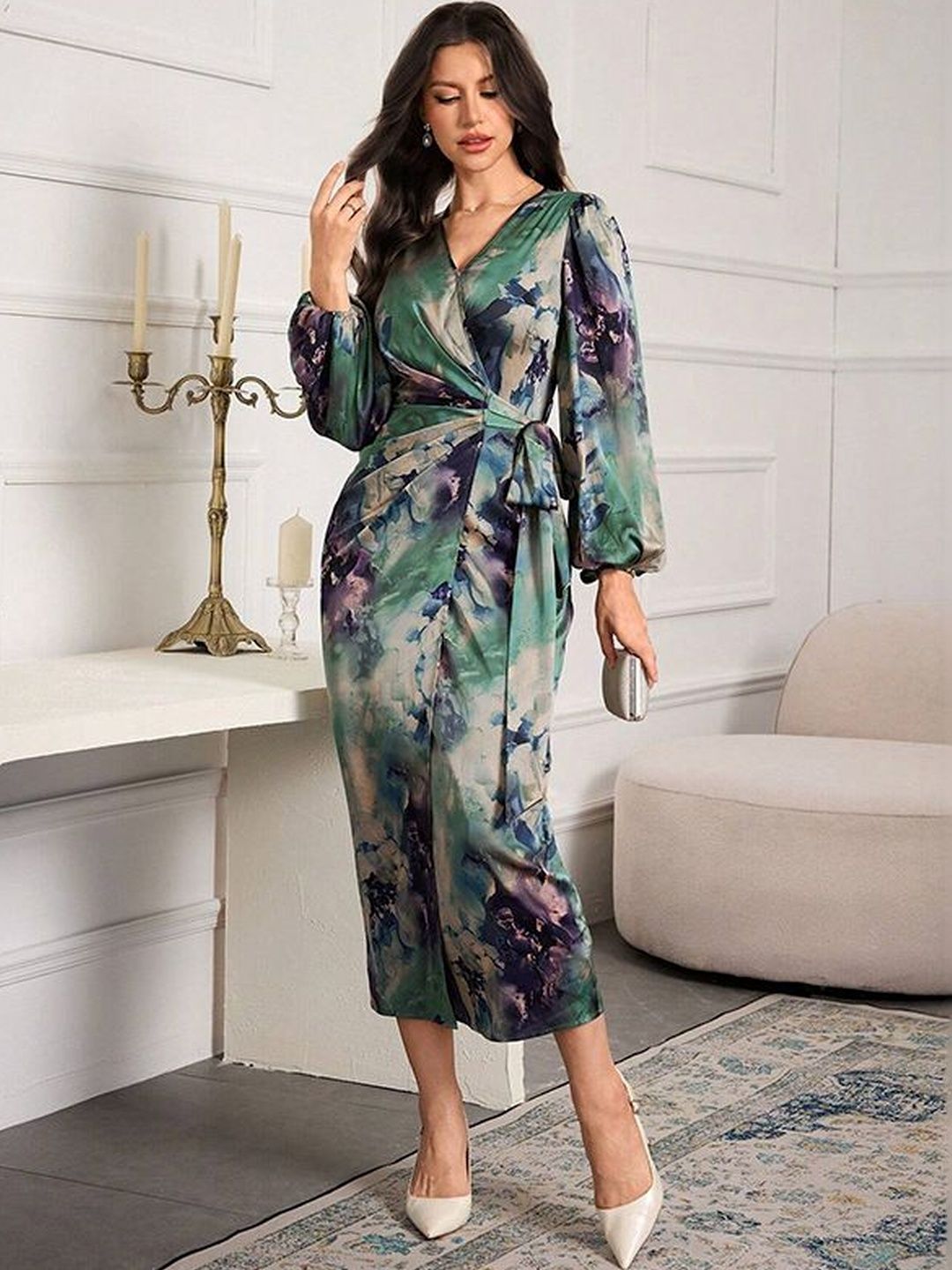 StyleCast x Revolte Floral Print Puff Sleeve Satin Midi Dress-picture-25