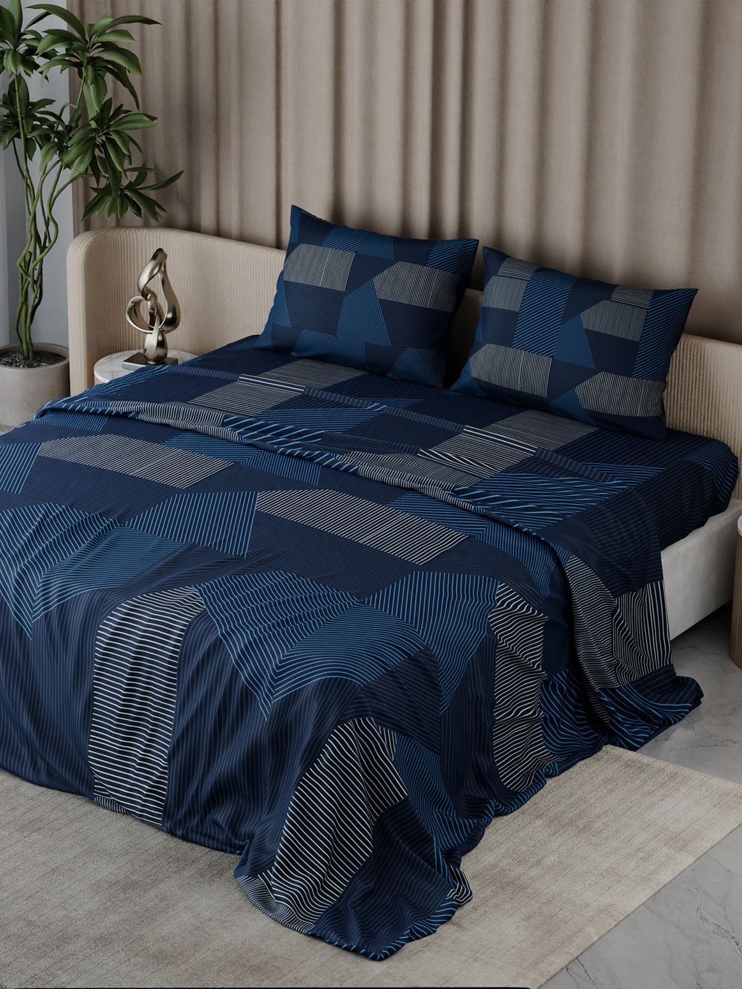 BLISSHOME Navy Blue Geometric 150 TC King Bedsheet with 2 Pillow Covers-image-35