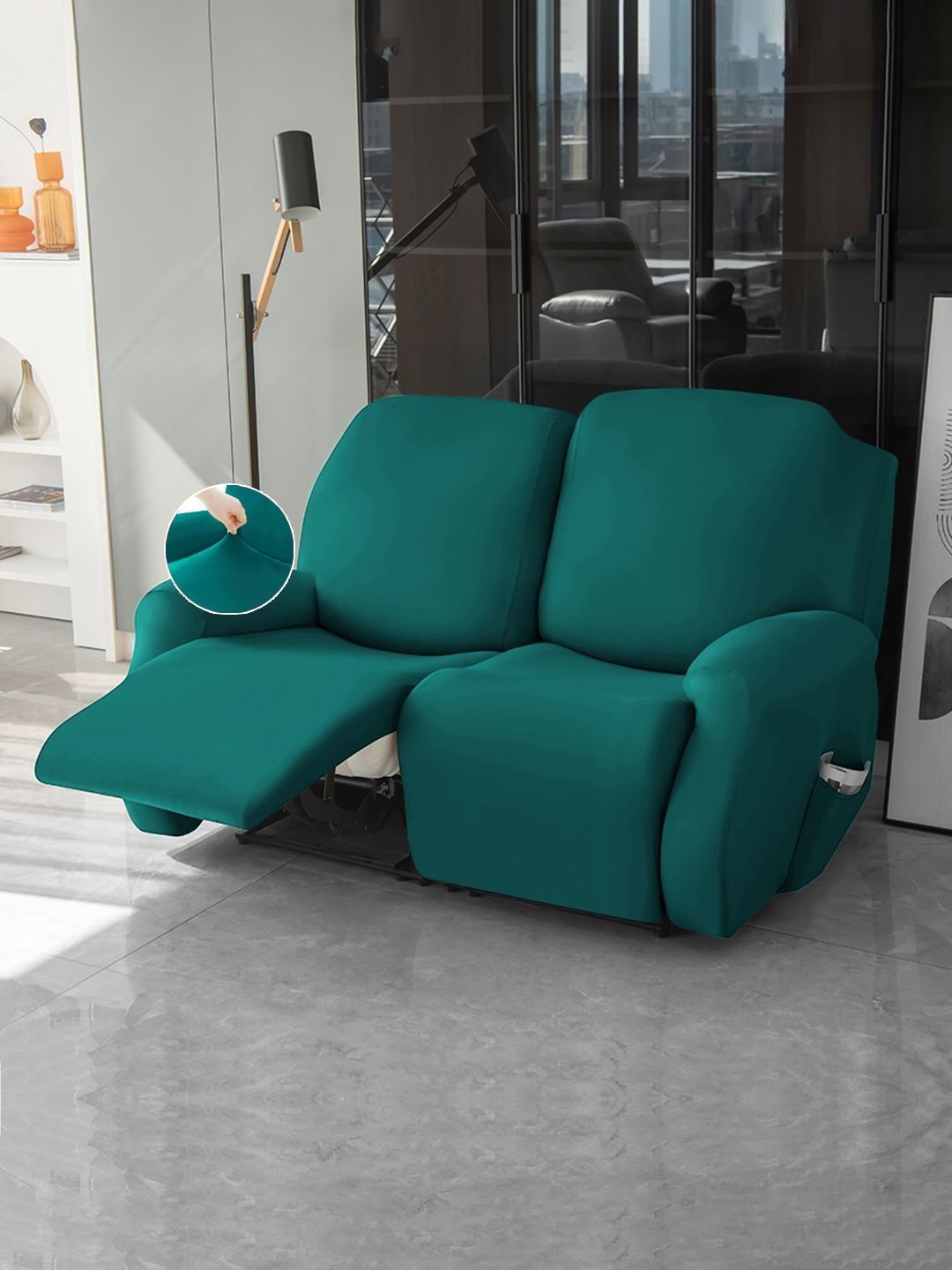 HOKIPO Teal Solid 1 Piece Sofa Cover With Arms-image-49