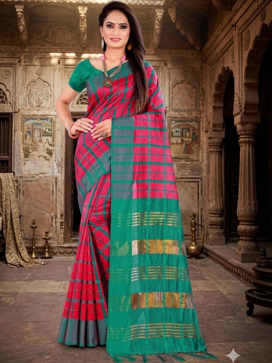 SHAIBO SAREE Checked Silk Cotton Handloom Uppada Saree-picture-43