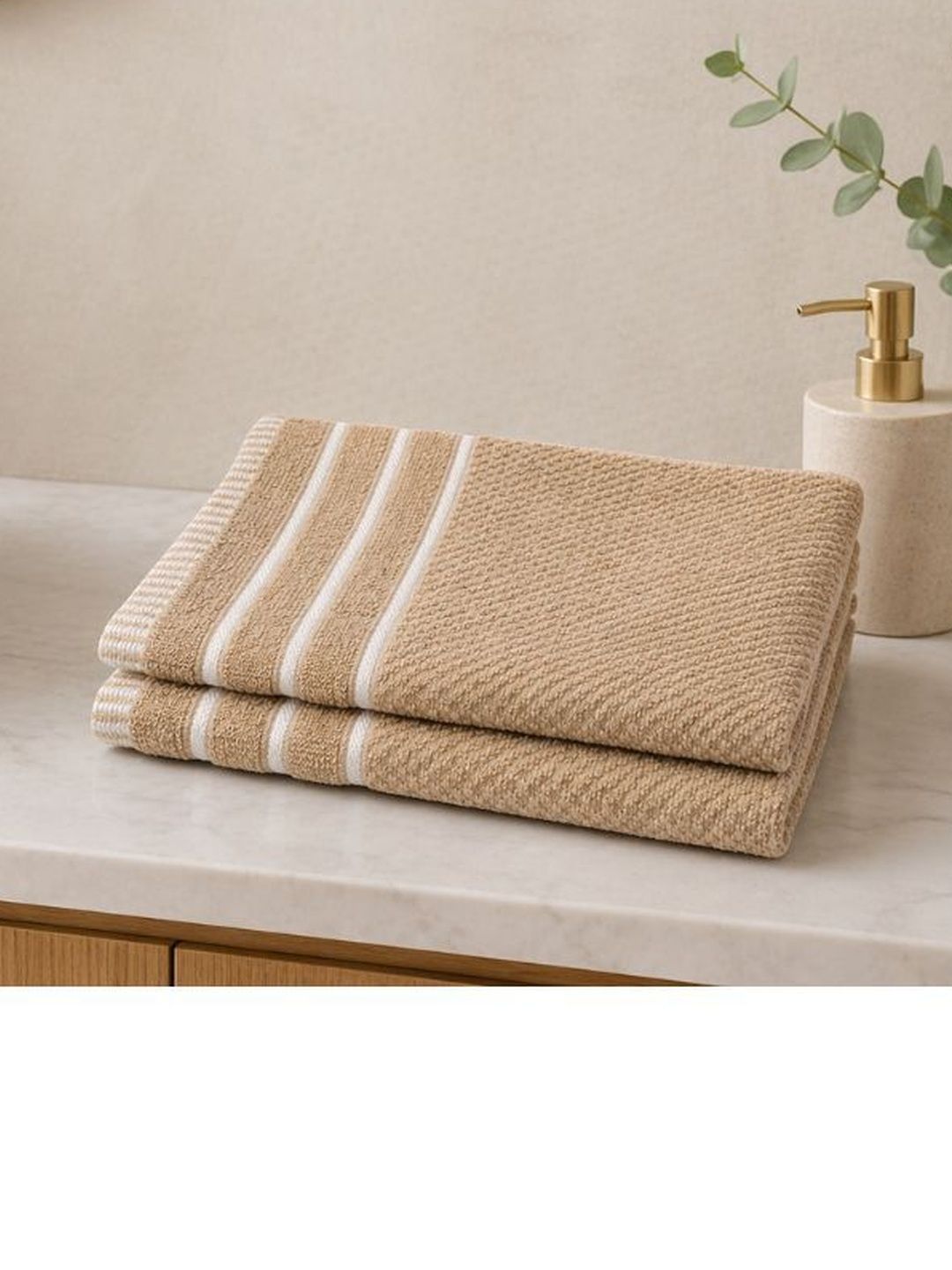 JANGID INDUSTRYS Beige & White Striped Cotton 450 GSM 2-Pcs Hand Towels-image-2
