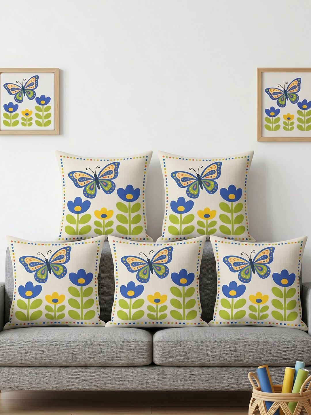 CHHAVI INDIA Beige Set of 5 Floral Square Cushion Covers-picture-49