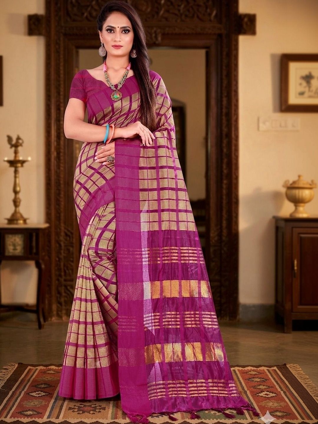 SHAIBO SAREE Checked Zari Silk Cotton Handloom Uppada Saree-picture-45