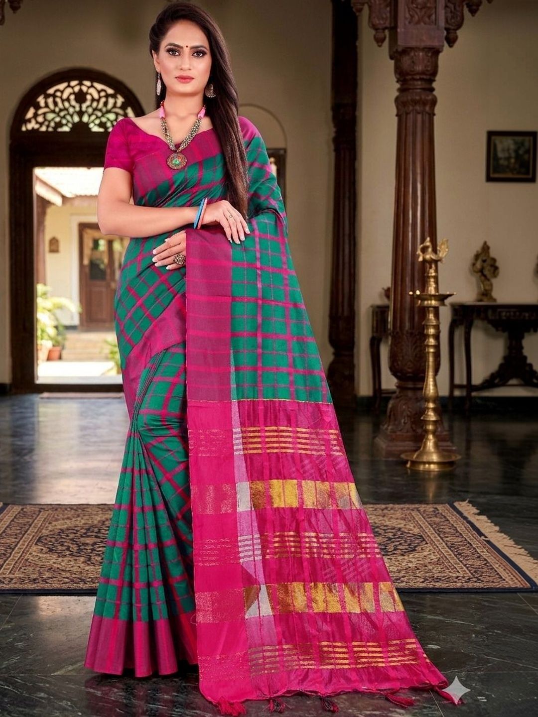 SHAIBO SAREE Checked Silk Cotton Handloom Uppada Saree-picture-33