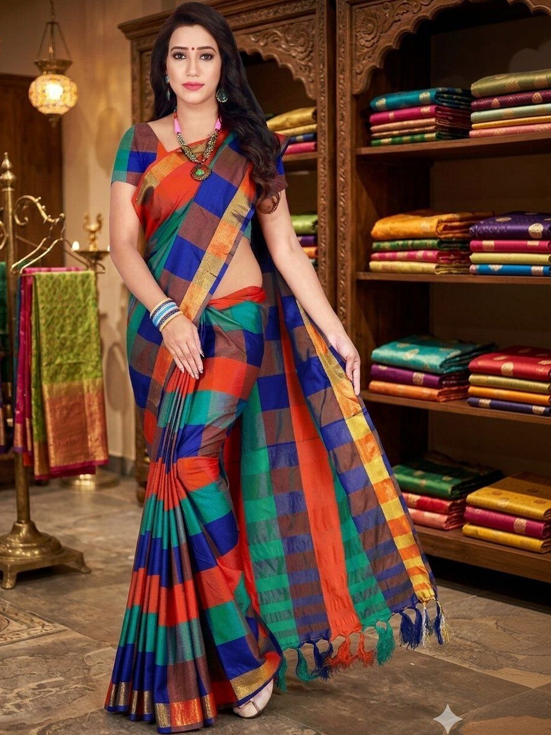 MENFLUENT Checked Silk Cotton Handloom Uppada Saree-picture-12