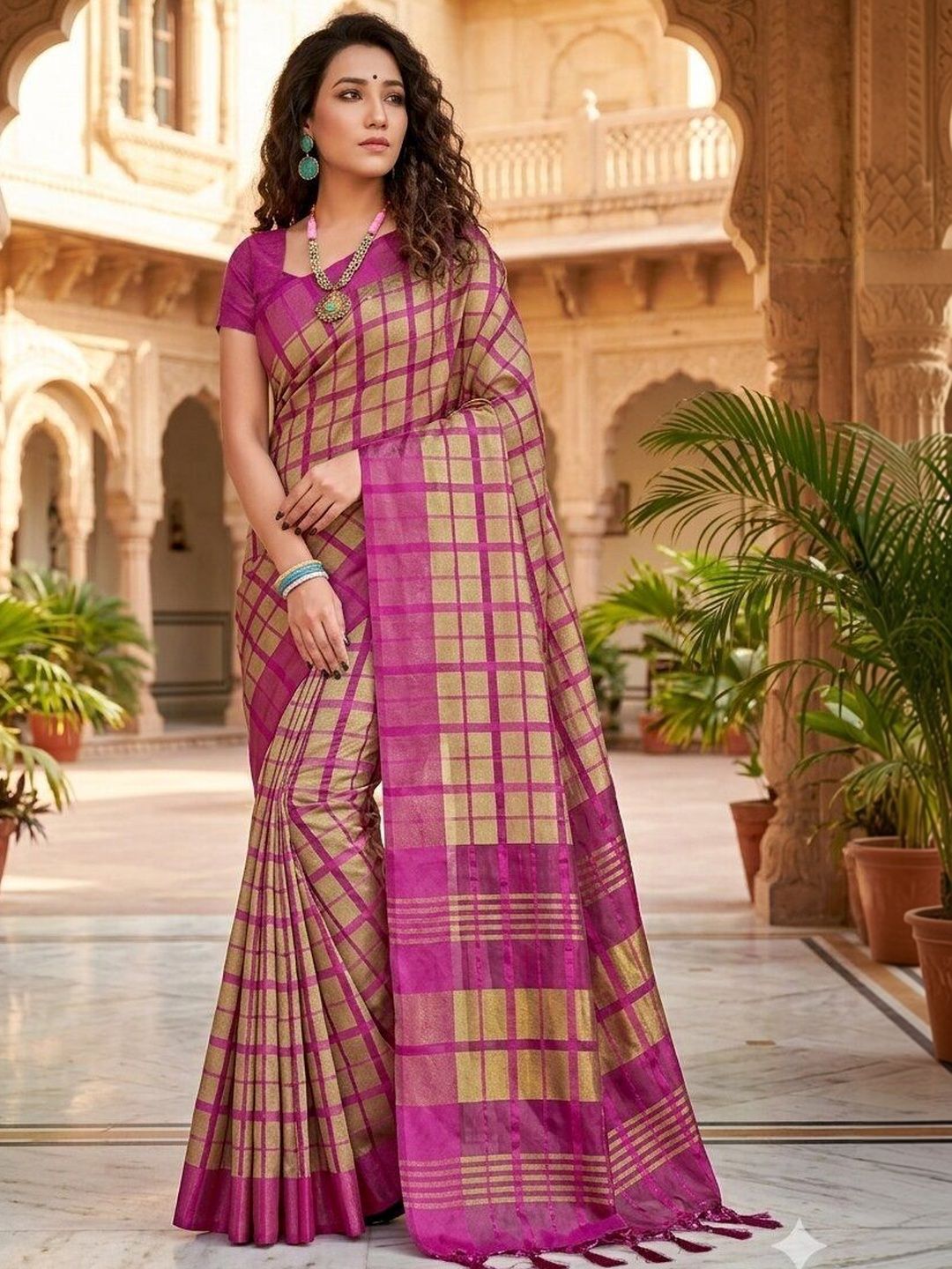MENFLUENT Checked Silk Cotton Handloom Uppada Saree-picture-26