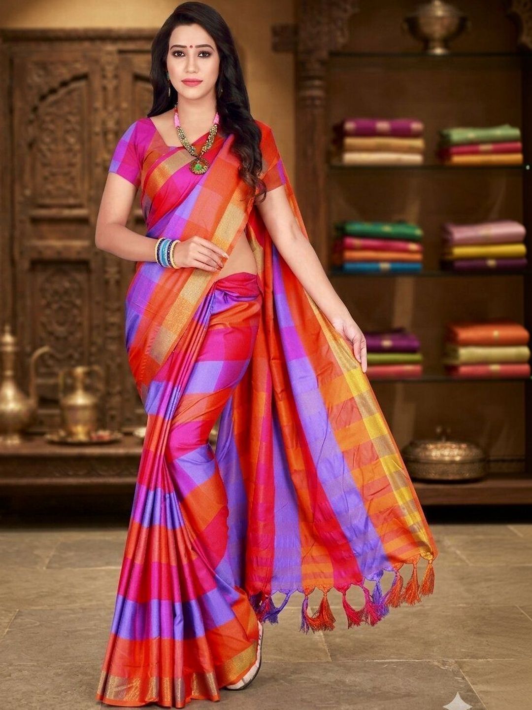 SHAIBO SAREE Checked Silk Cotton Handloom Uppada Saree-picture-24