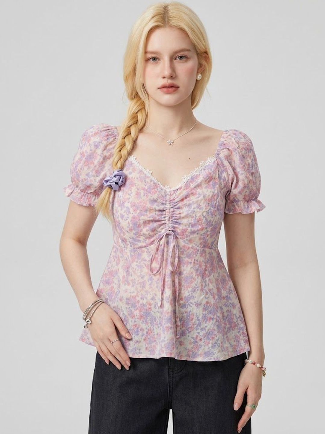 StyleCast x Revolte Floral Print Puff Sleeve Cinched Waist Top-picture-26