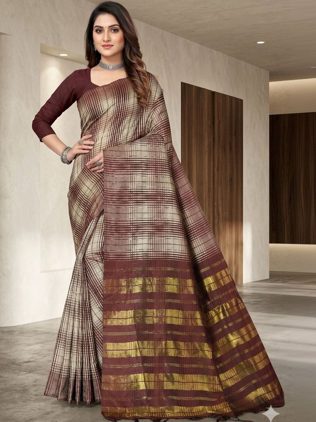 MENFLUENT Checked Silk Cotton Handloom Uppada Saree-picture-17