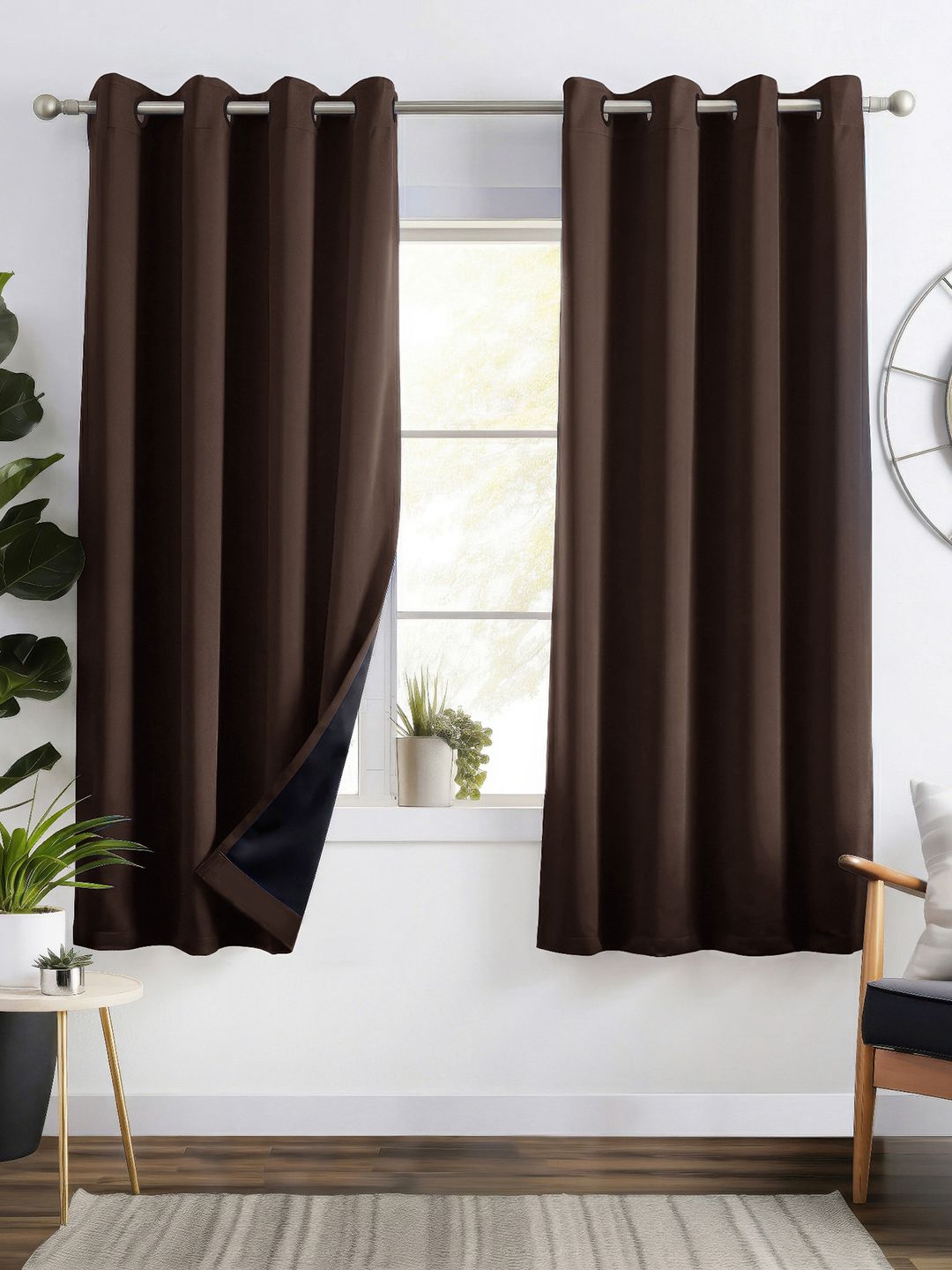 Story@home Coffee Brown 2 Pieces Faux Silk Blackout Window Solid 300 GSM Curtains
