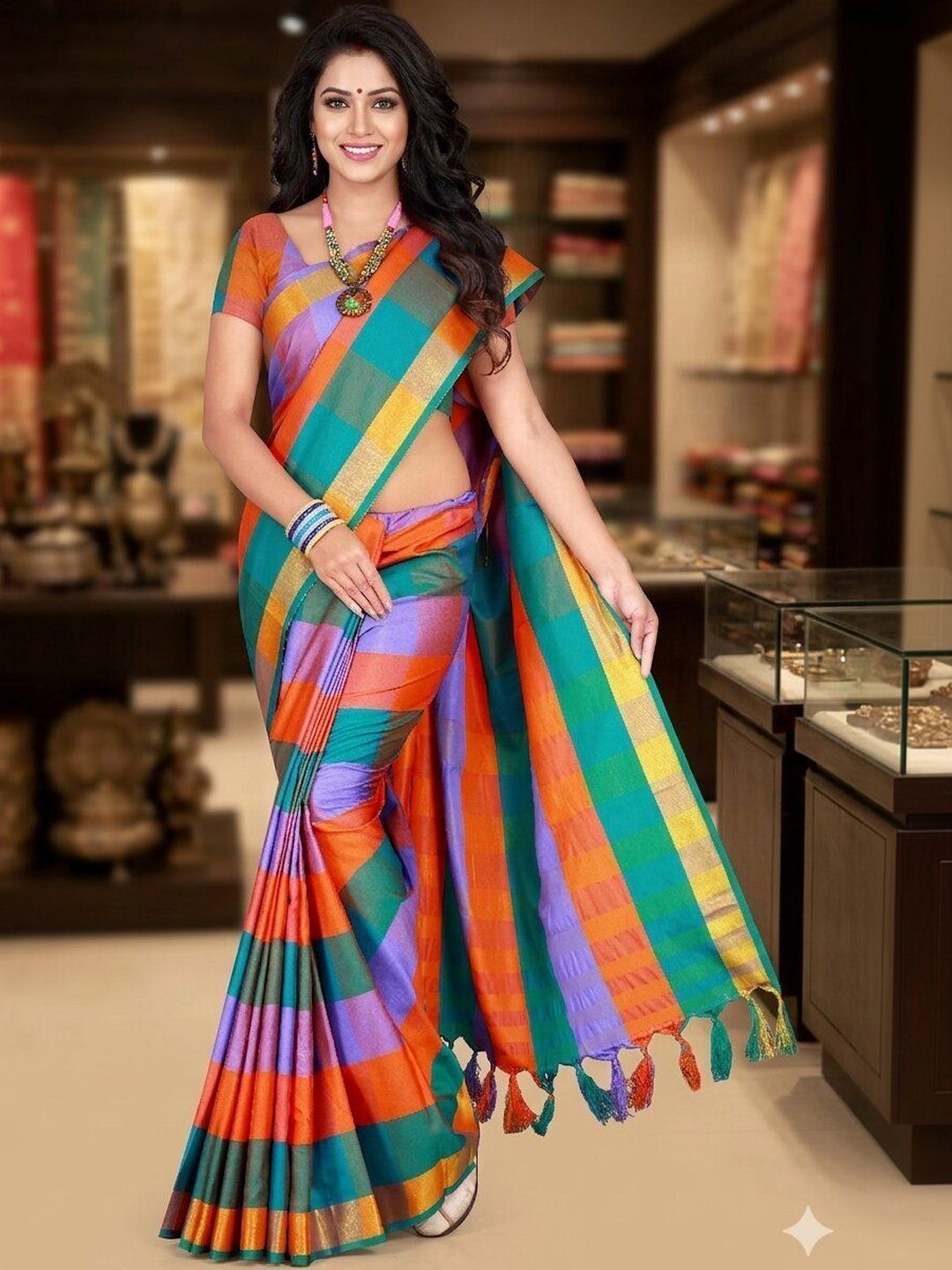 SHAIBO SAREE Checked Silk Cotton Handloom Uppada Saree-picture-35