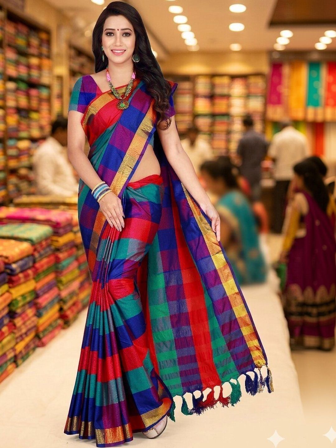 MENFLUENT Checked Woven Design Zari Silk Cotton Uppada Saree-picture-28