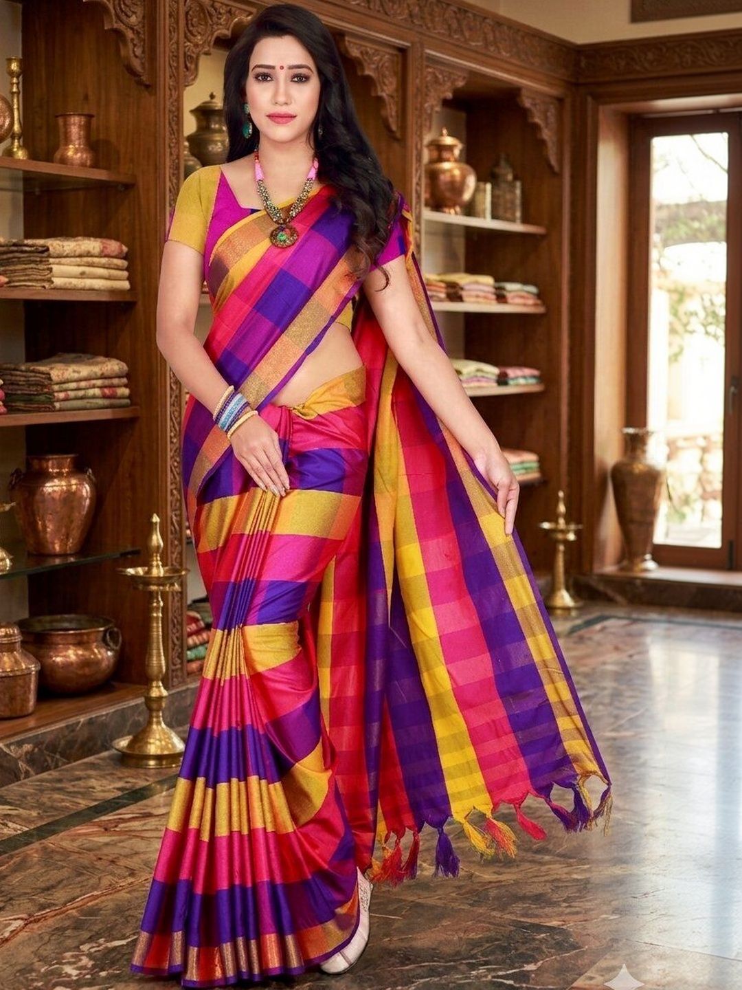 MENFLUENT Checked Silk Cotton Handloom Uppada Saree-picture-13
