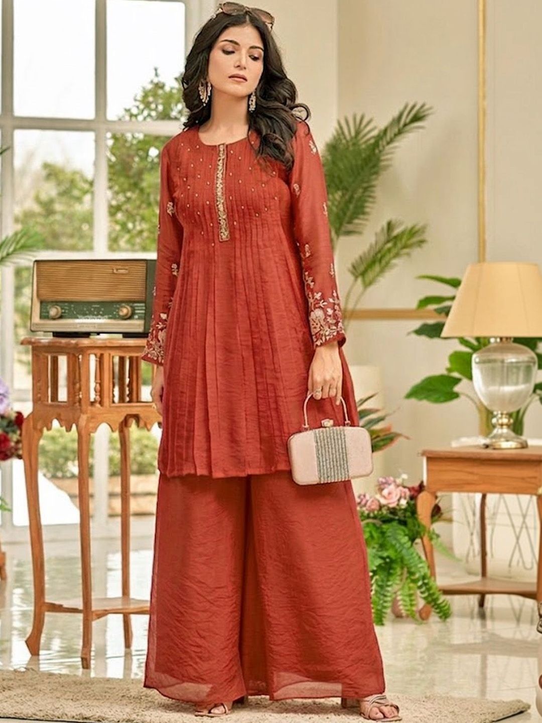 Varanga Women Ethnic Motifs Embroidered Pleated Thread Work Kurti with Palazzos-picture-18
