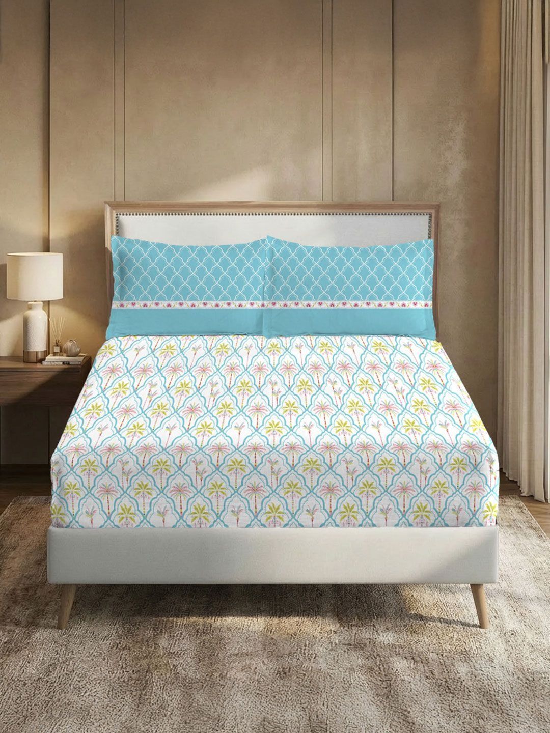 MYTRIDENT Multicoloured Geometric 210 TC King Bedsheet with 2 Pillow Covers-picture-27