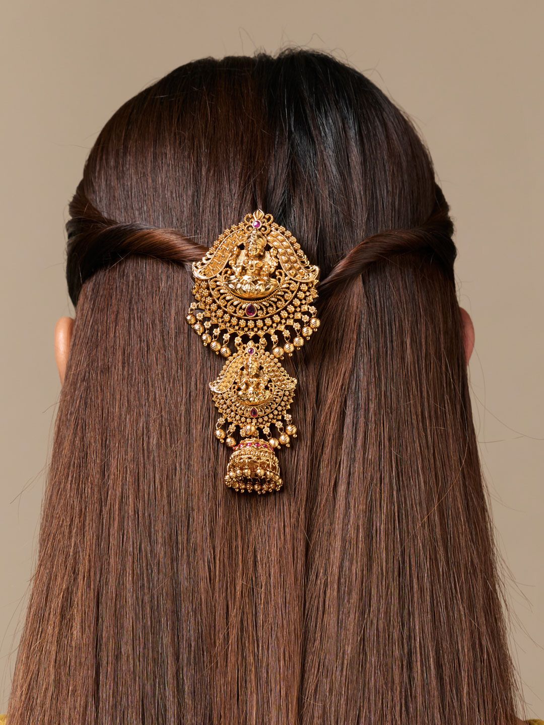 Kushal's Fashion Jewellery Ruby Gold-Plated Ethnic Antique Hair Brooch-picture-19