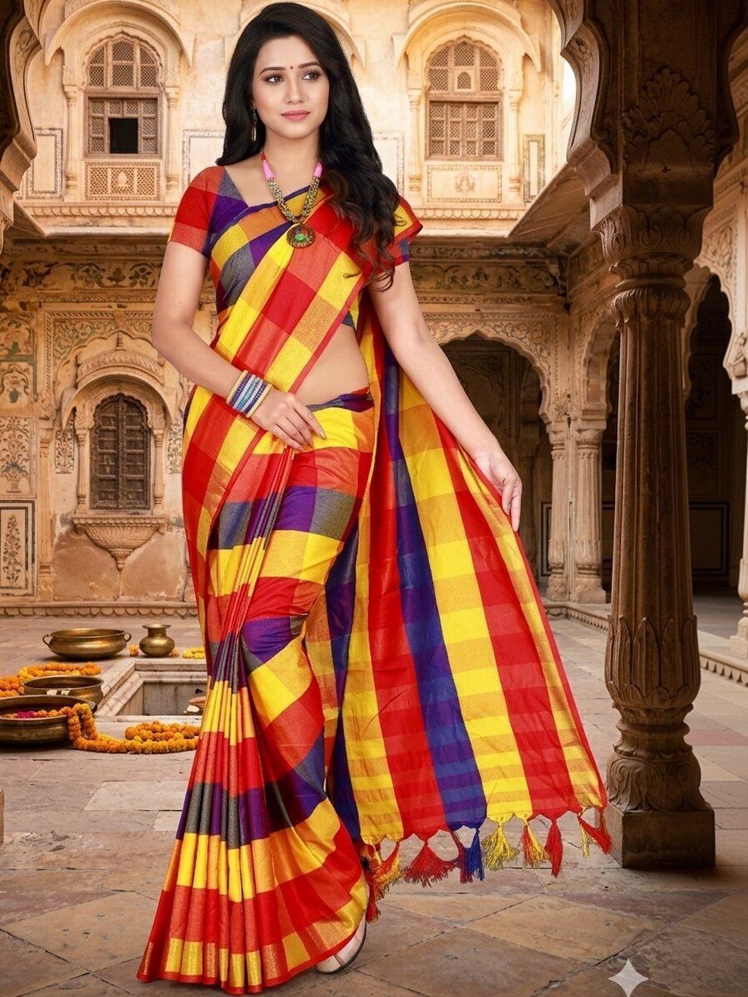 MENFLUENT Checked Silk Cotton Handloom Uppada Saree-picture-39
