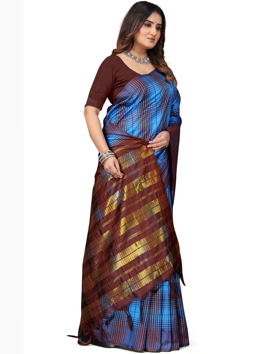 MENFLUENT Checked Silk Cotton Handloom Uppada Saree-picture-29