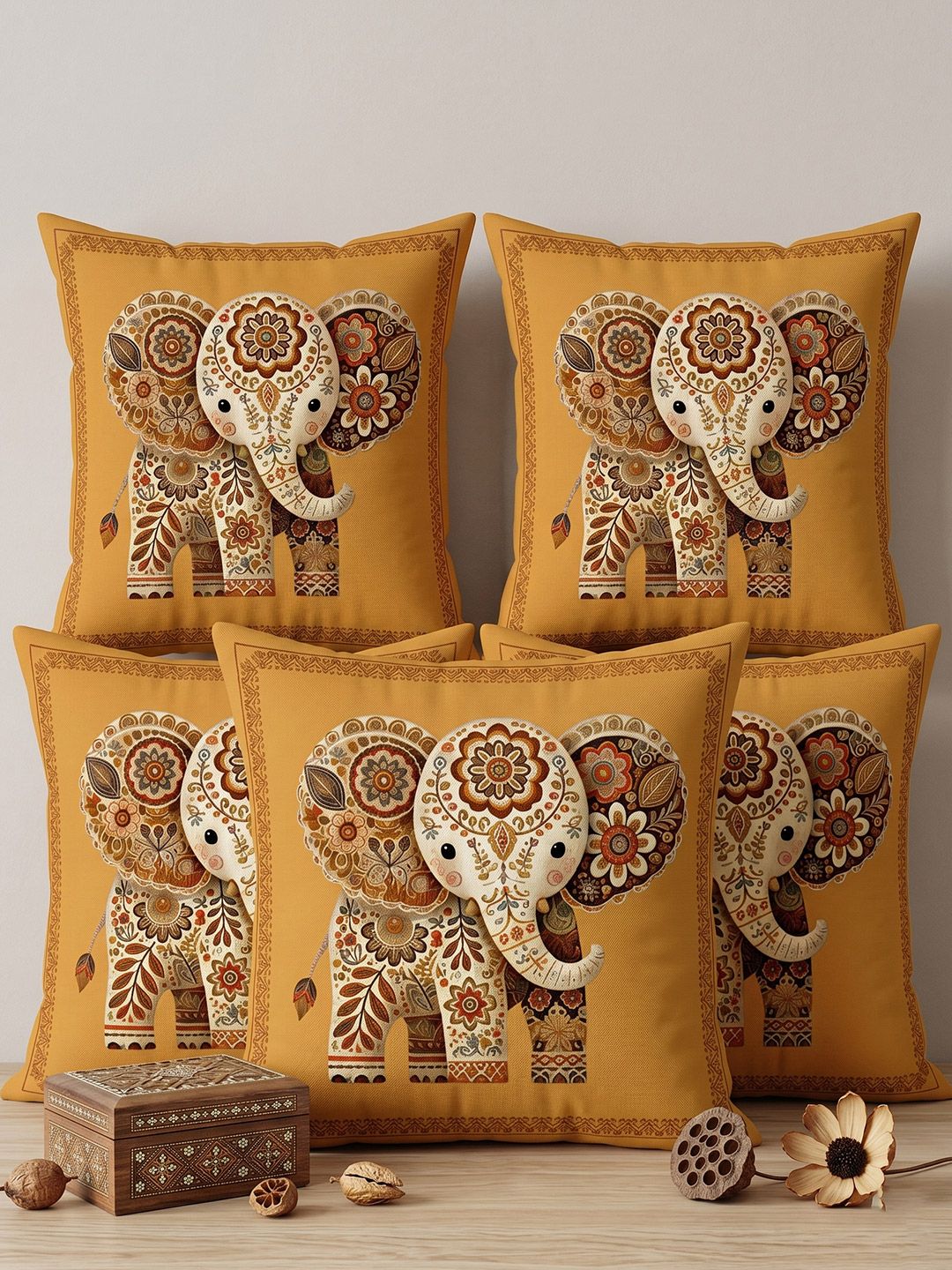 CHHAVI INDIA Gold-Toned Set of 5 Ethnic Motifs Square Cushion Covers-image-9