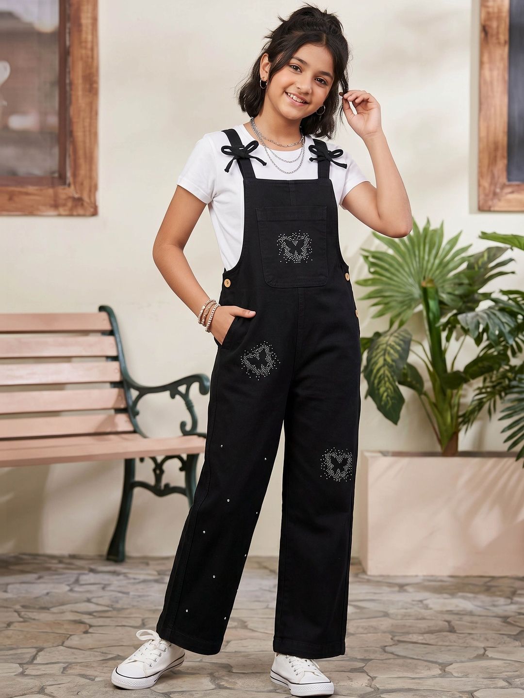 KiddoPanti Girls Bow Adjustable Strap Denim Dungaree with Butterfly Rhinestone-picture-13