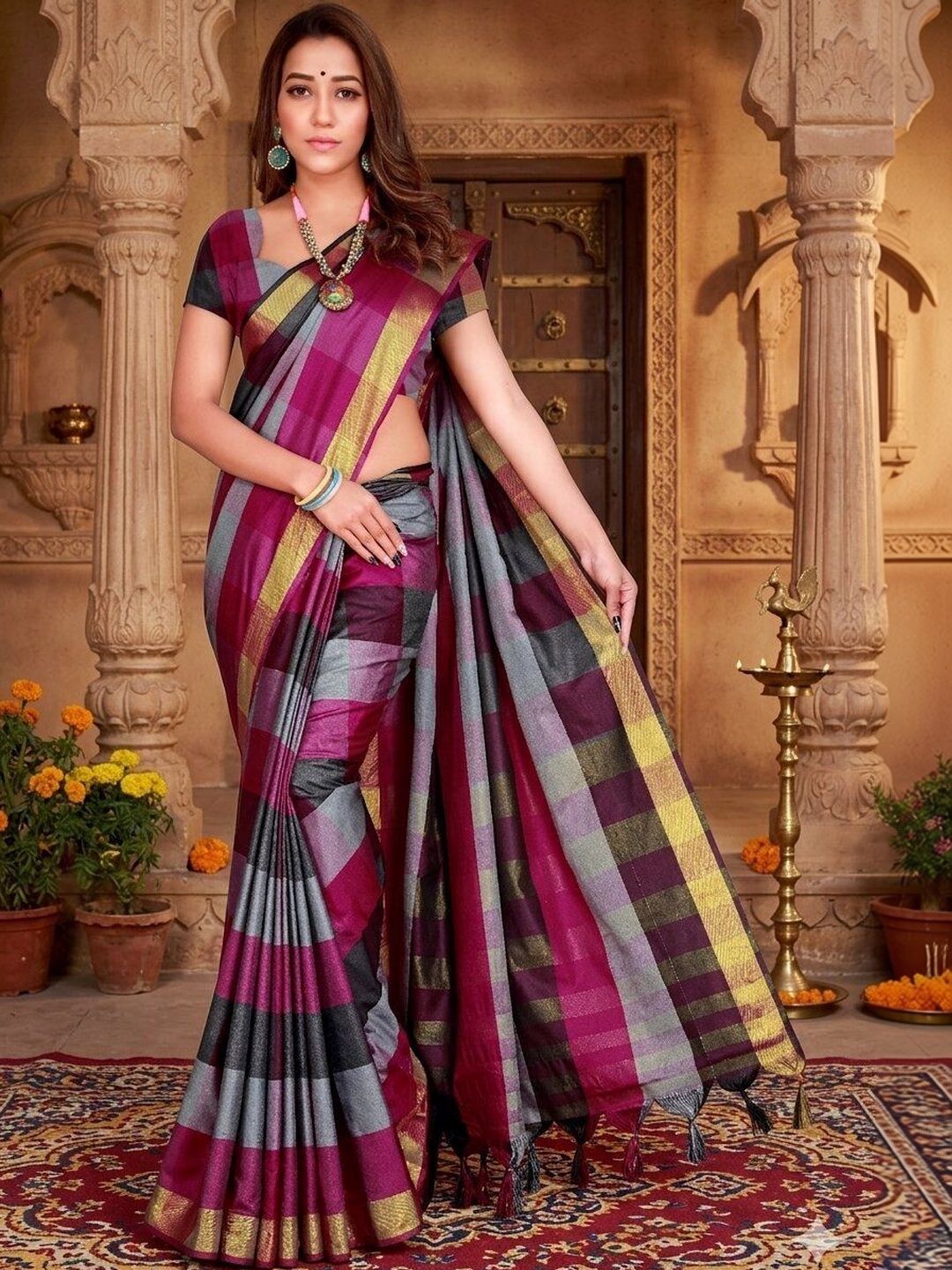 SHAIBO SAREE Checked Silk Cotton Handloom Uppada Saree-picture-30