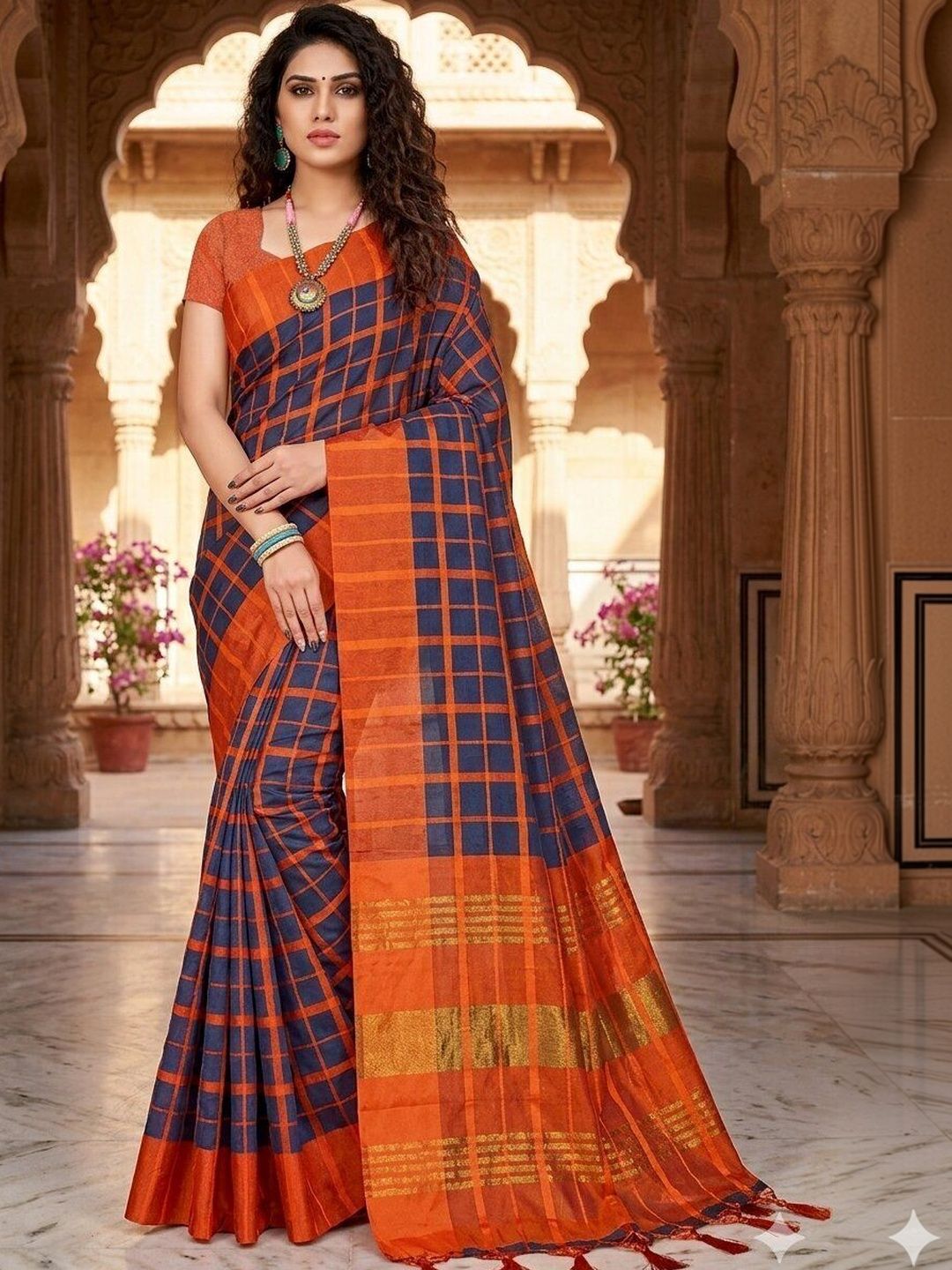 MENFLUENT Checked Silk Cotton Handloom Uppada Saree-picture-15