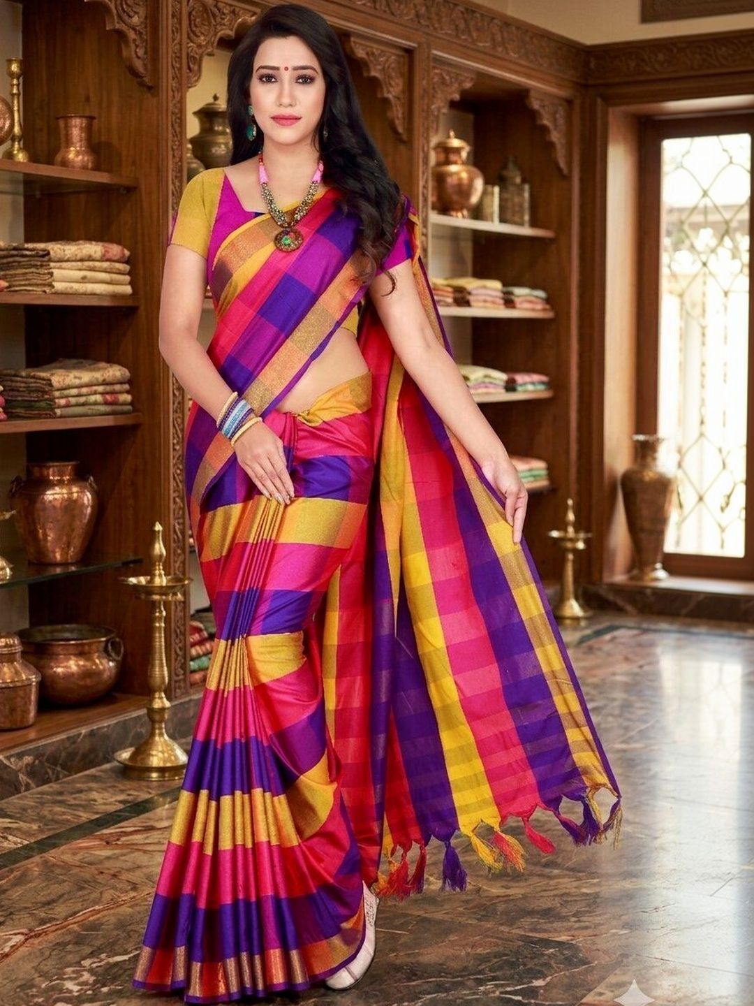 SHAIBO SAREE Checked Silk Cotton Handloom Uppada Saree-picture-21