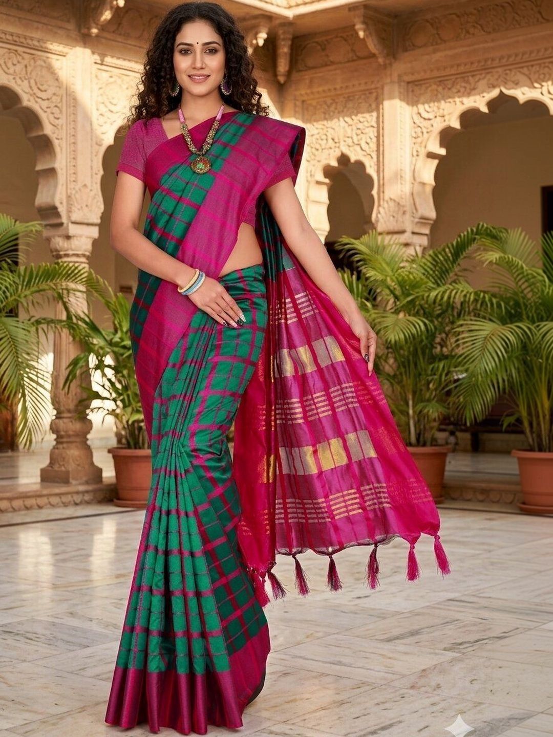 MENFLUENT Checked Zari Silk Cotton Handloom Uppada Saree-picture-55