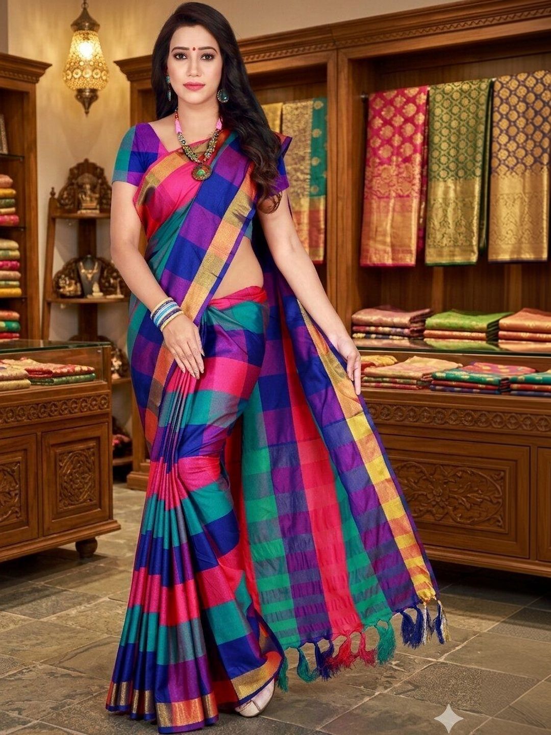 SHAIBO SAREE Checked Silk Cotton Handloom Uppada Saree-picture-25