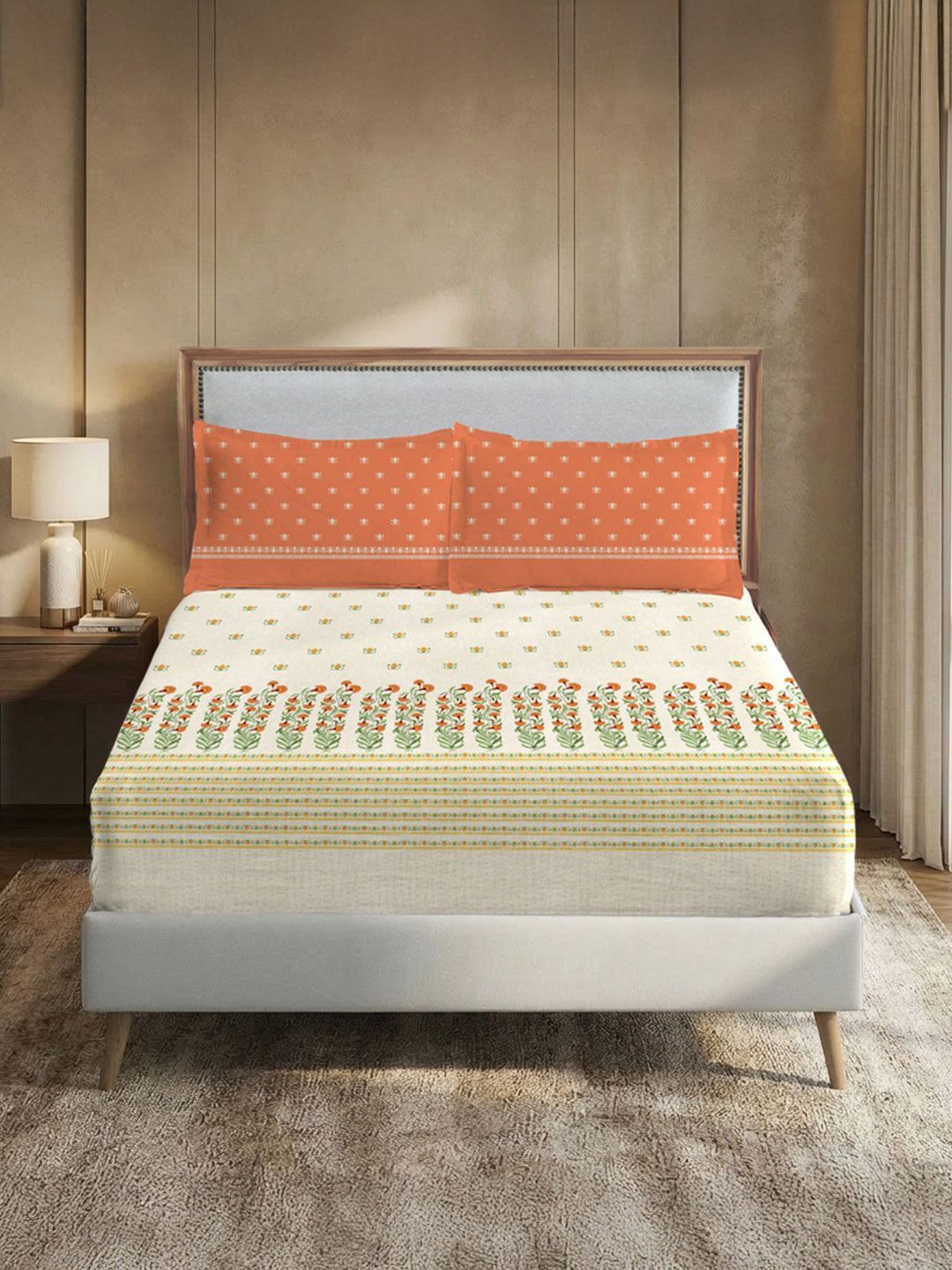 MYTRIDENT Cream-Coloured Floral 210 TC King Bedsheet with 2 Pillow Covers-image-34