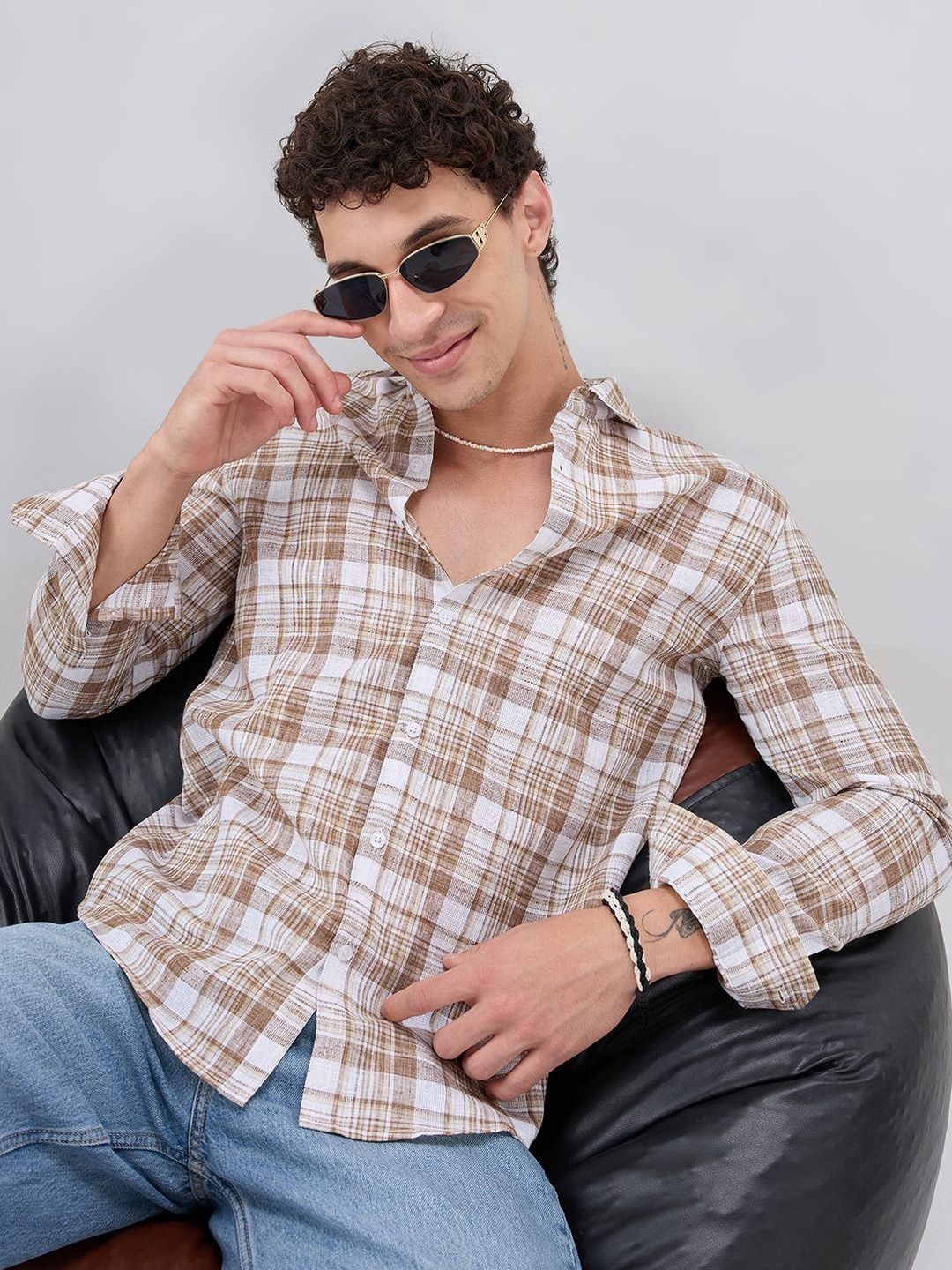 VASTRADO Walnut Brown Plaid Checks Jacquard Shirt-image-4