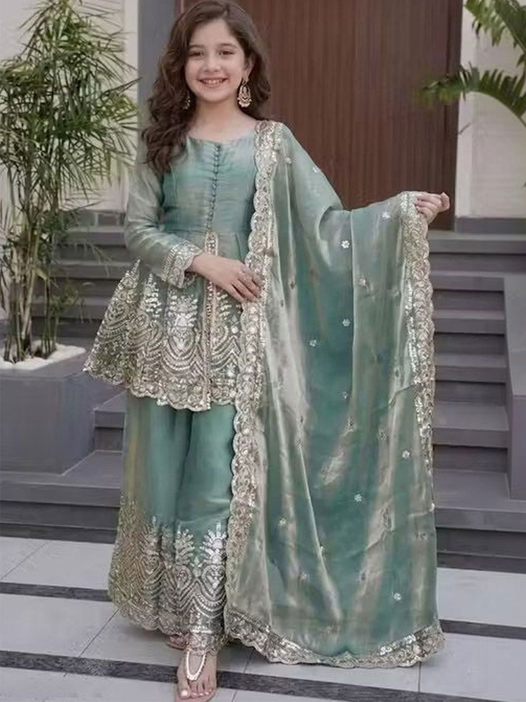 CARTYSHOP Girls Ethnic Motifs Embroidered Tiered Sequinned Kurta with Palazzos & With Dupatta-image-24