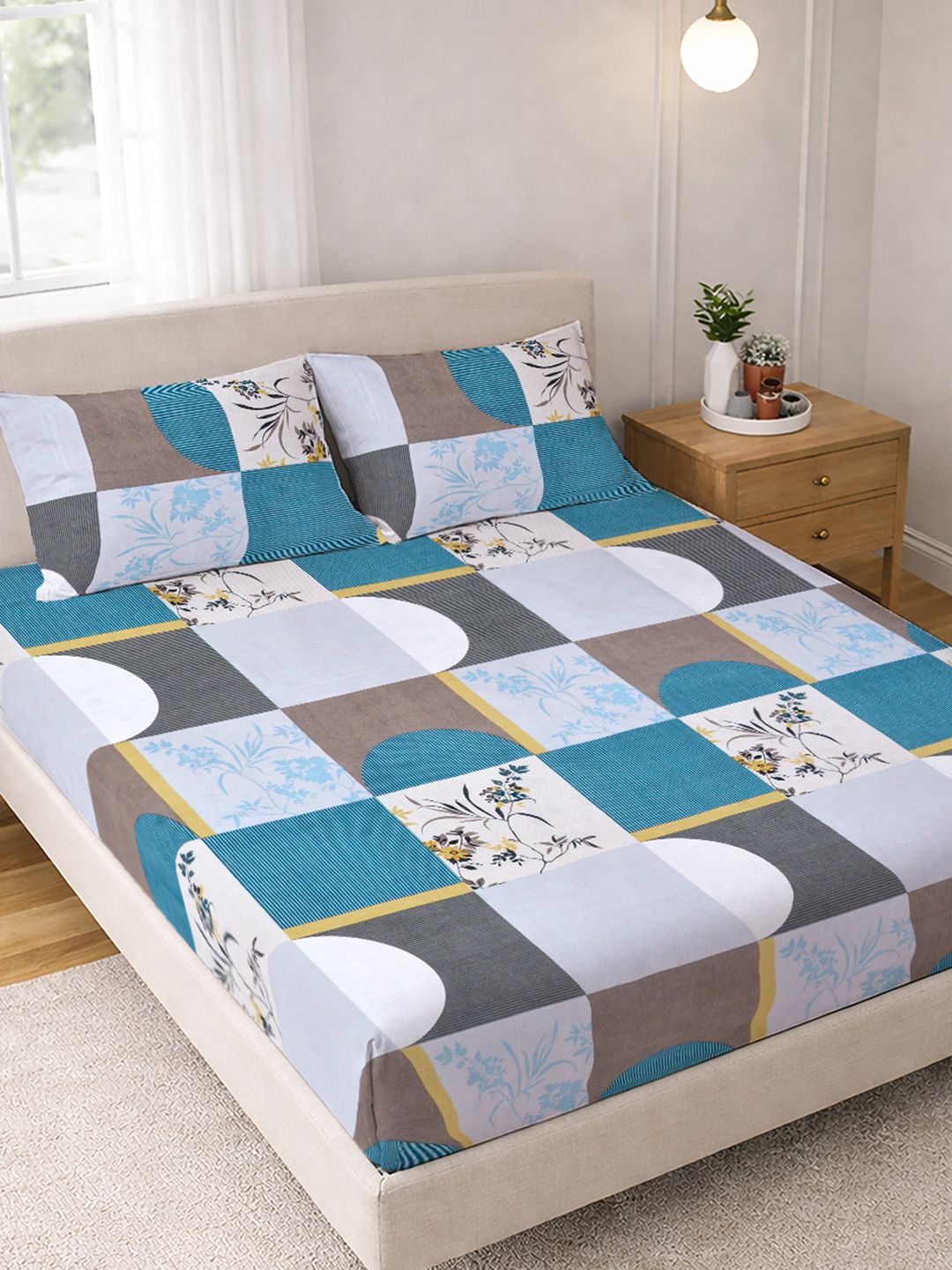 Myntra Elegant Homes Multicoloured Geometric 300 TC Bedsheet with 2 Pillow Covers-picture-28