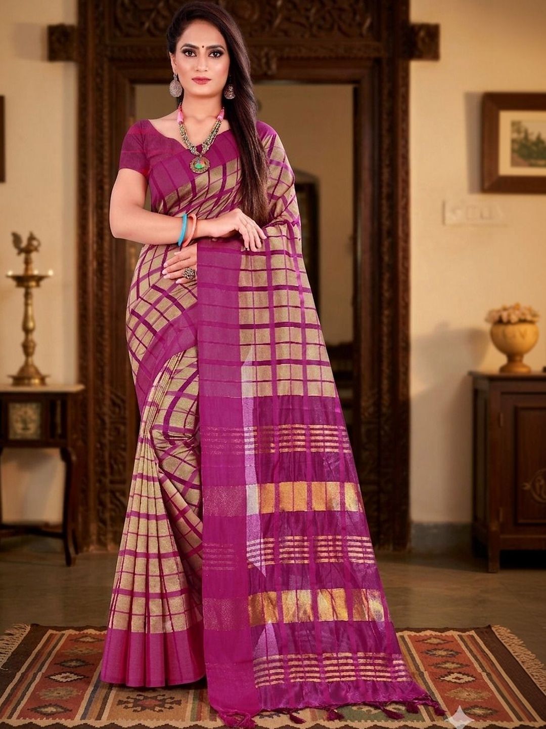 MENFLUENT Checked Woven Design Zari Silk Cotton Uppada Saree-picture-40
