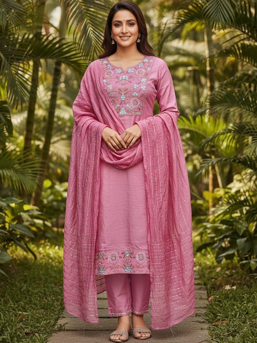 Sangria Embroidered Silk Blend Round Neck Kurta & Trousers With Dupatta-picture-18