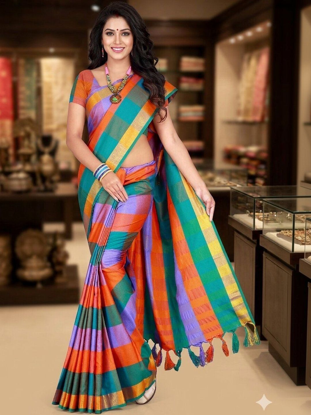 MENFLUENT Checked Silk Cotton Handloom Uppada Saree-picture-52