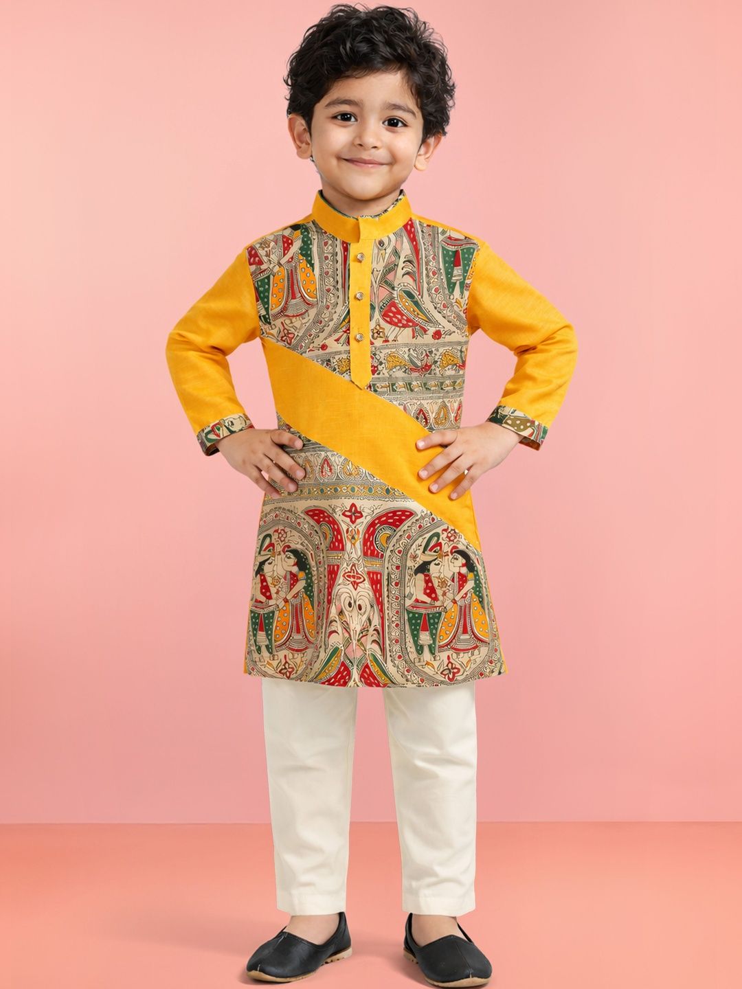 VASTRAMAY Boys Yellow Cotton Printed Kurta Pyjama Set-picture-16