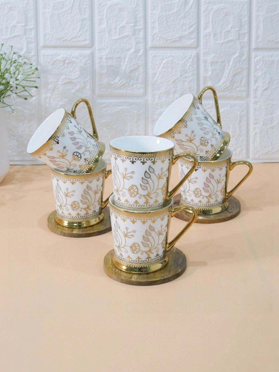 Femora Gold-Toned Floral Ceramic Glossy Cups and Mugs Set of-image-10