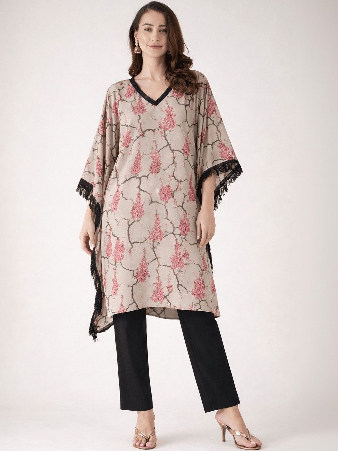 The Kaftan Company Floral Printed V-Neck Flared Sleeves Sequinned Pure Crepe Sequinned Kaftan Kurti-picture-28