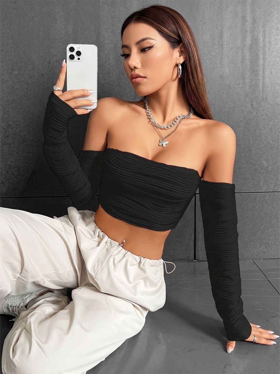 Stylecast X Slyck Solid Off-Shoulder Fitted Top view 2